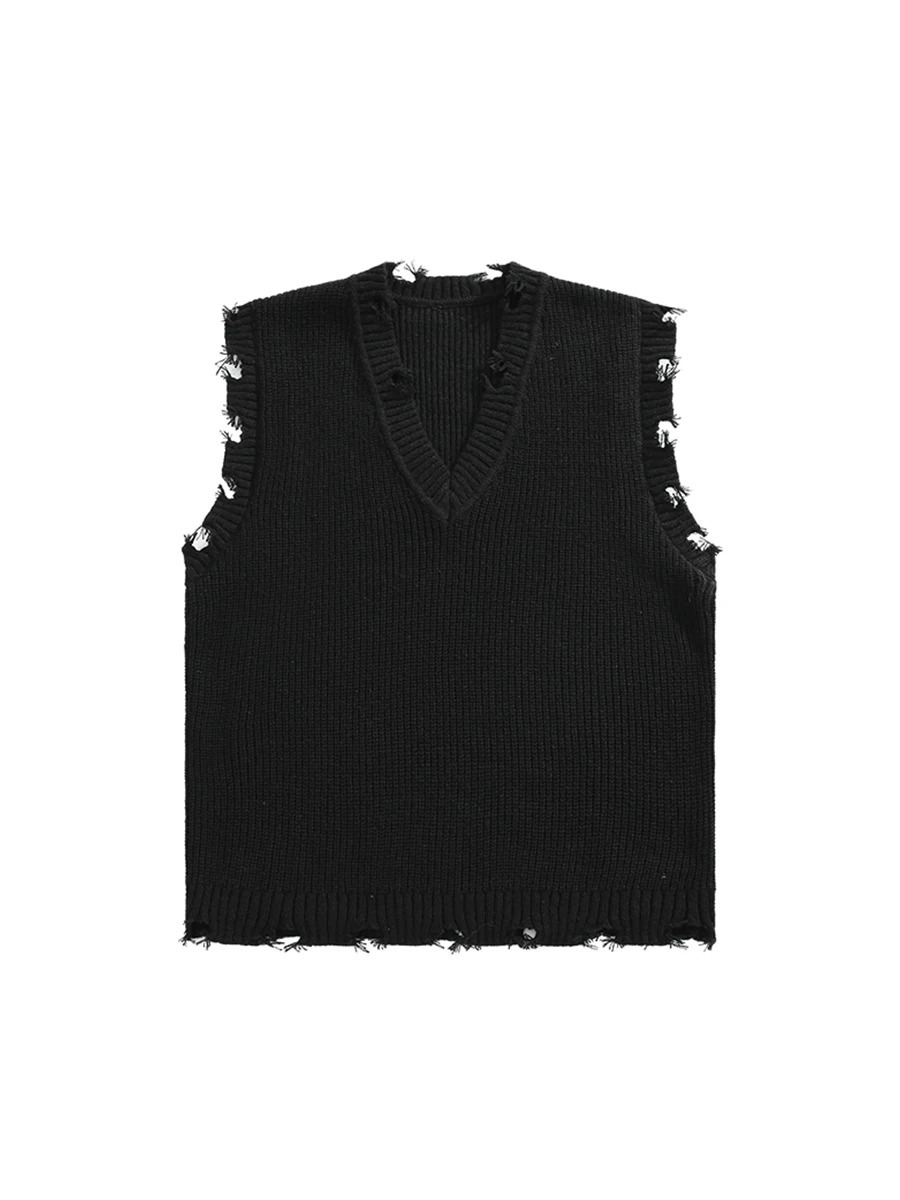 Men and Women College Style Ripped Hole Raw Edge Knitted Vests Trendy Solid Color Casual Versatile Loose Sweater Waistcoat 250225