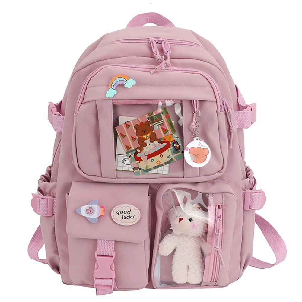 Ship from US College Student Rucksack Fashion Casual Book Bags Nylon with Plush Pendant Pin Cute Large Capacity Japanese Style for Teen Girls 250227FB