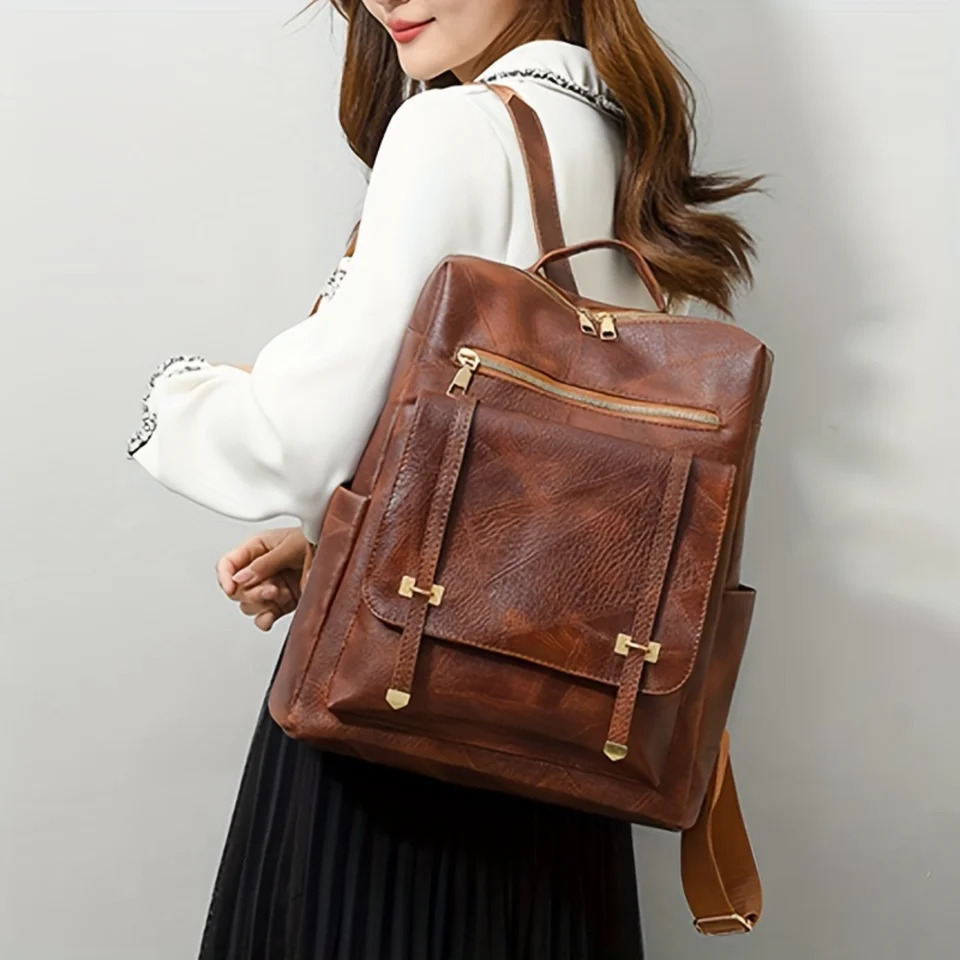 Ship from US Retro PU leather backpack simple preparatory style school bag fashionable laptop travel and workday 250227FBB