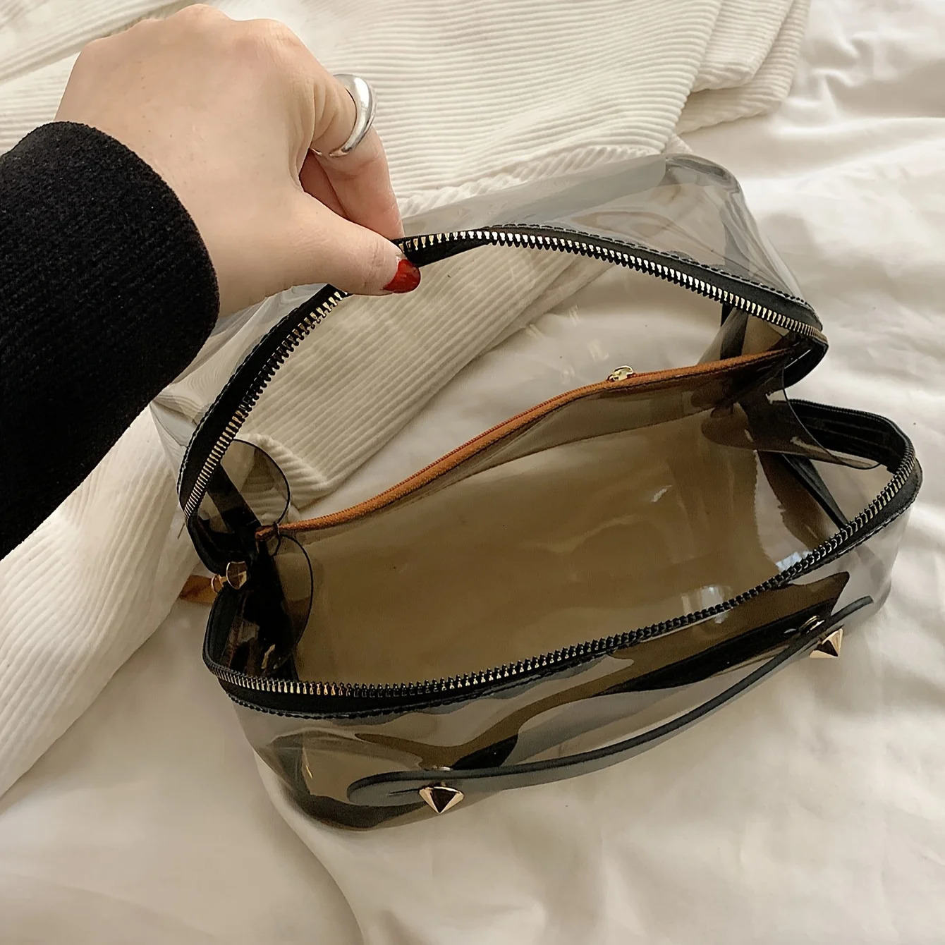 Ship from US Transparent Makeup Bag with Handle Portable Organizer Travel Toilet Box 250227FBB