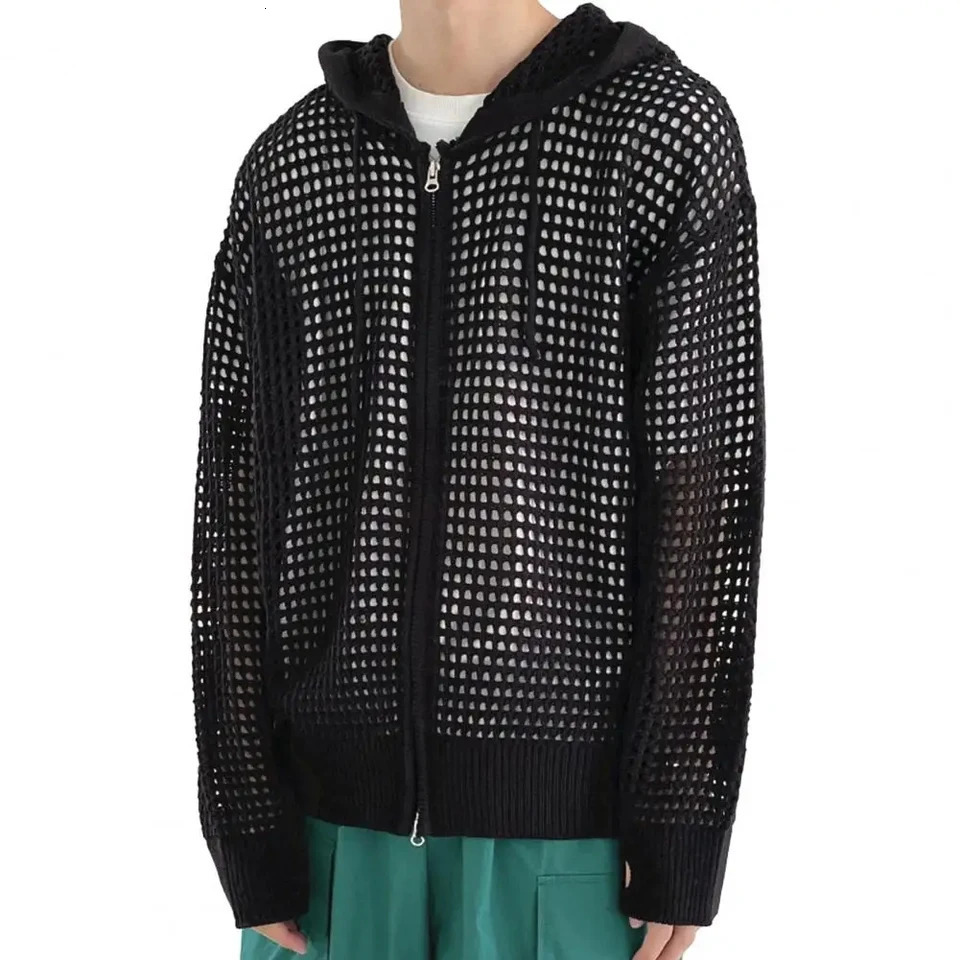 Mens Hollow Out Loose Jacket Hooded Hip Hop Cardigan Fashion Korean Streetwear Casual Zip Knitted Coat SpringSummer 250226