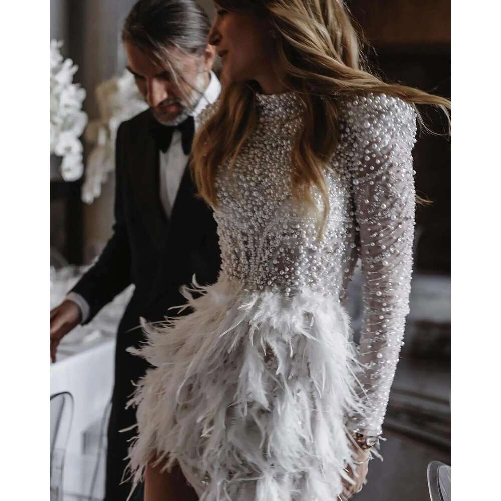 mermaid dress jewelry pearls high waist long sleeves feathers side split court custom wedding dresses