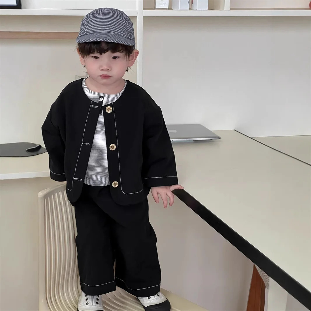 Spring Baby Long Sleeve Clothes Set Boys Loose Denim Coat Pants 2pcs Suit Infant Toddler Solid Casual Outfits 250227