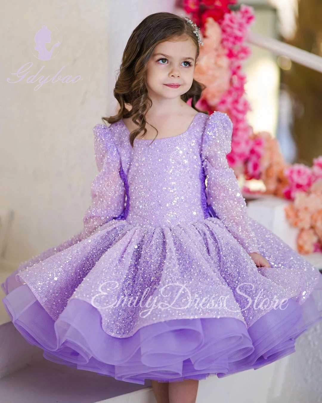Girl's Dresses Purple Tulle Flower Girl Dress For Wedding Puffy Sequins Applique Kids Christmas Baby Birthday First Communion Ball Gowns Y250227I