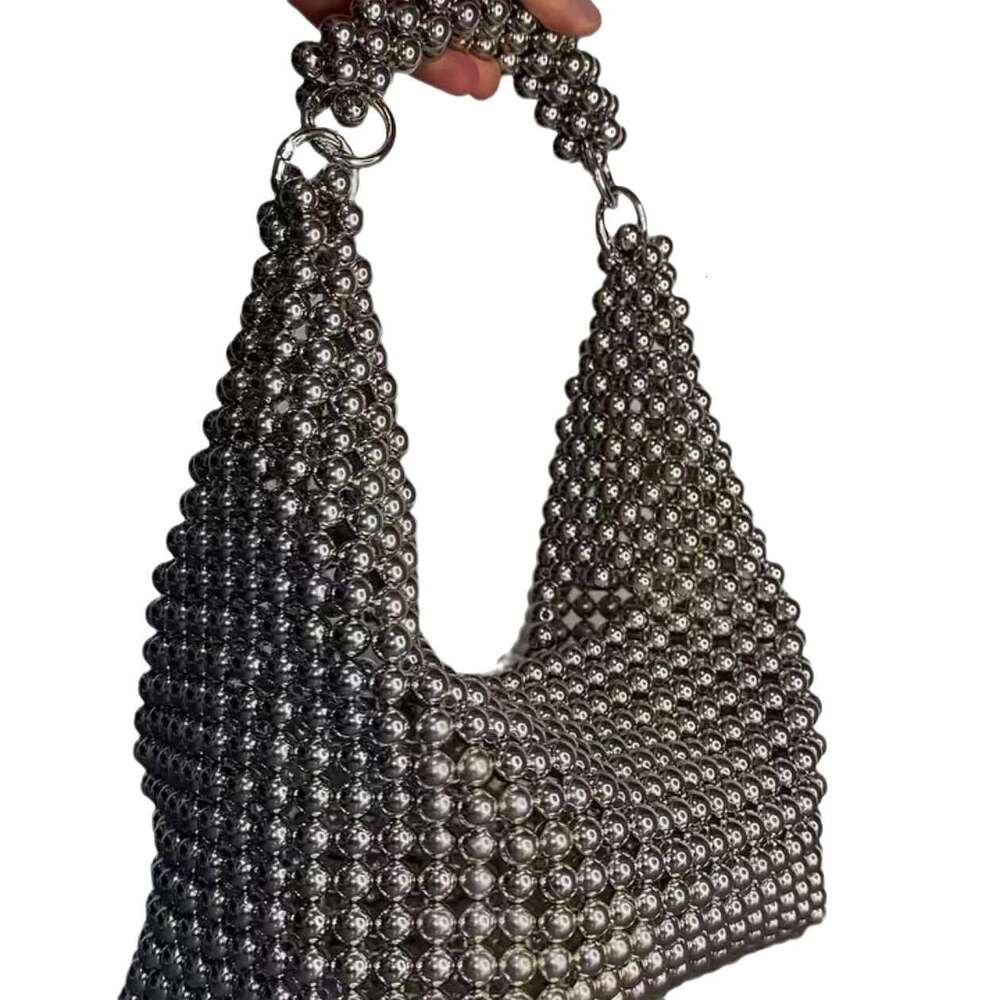 Women's Bags A niche design French heavy industry silver minimalist high-end handbag with beaded woven dinner bag