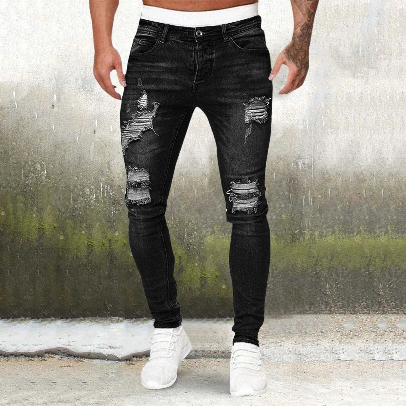 Mens Casual Hip Hop Sports High Stretch Tight Wash Polished White Ripped Fit Zipper Jean Pants Business Stretch Mens Jeans X250227