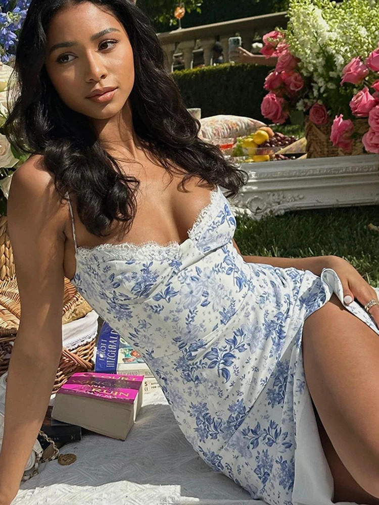 Hugcitar Ruffles Floral Print Slip Sleeveless Backless Sexy Bodycon Slit Midi Dress Summer Elegant Clothes Party Y2K Wholesale250222