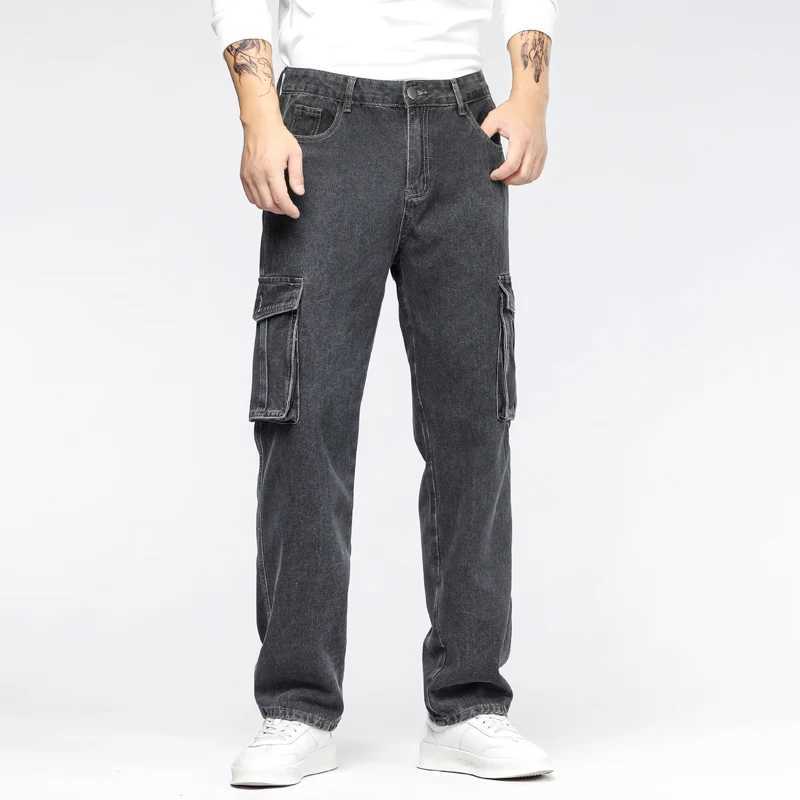 Stir Fried black grey pocket work clothes jeans mens four season loose straight tube non elastic wear-resistant jeans X250227