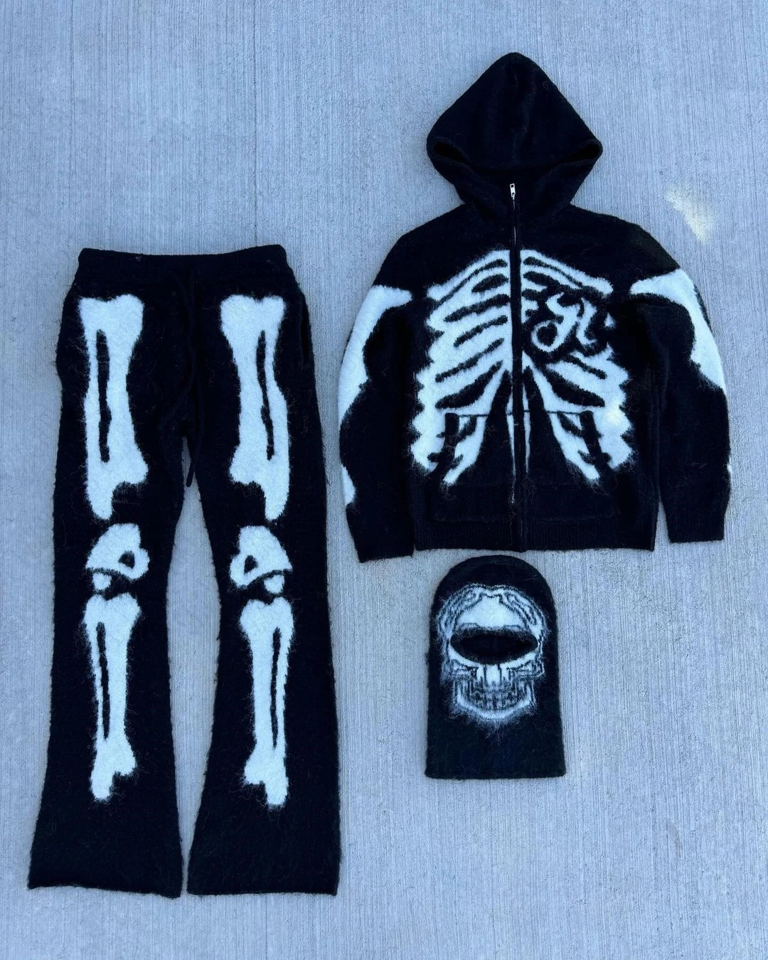 Wintertime Y2k Fashion High Street Punk Harajuku Zip Up Hoodie Skull Oversized Sweatshirt Top Casual Retro Trousers Streetwear 250225