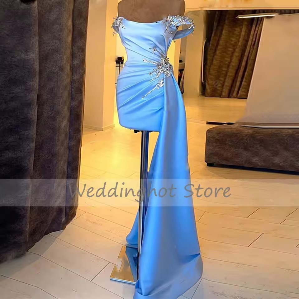 Sky Blue Short Prom Dresses Off The Shoulder Beading Pleated Mini Cocktail Evening Gowns Homecoming Party Gowns Elegant Mini Cocktail Dress Vestidos D