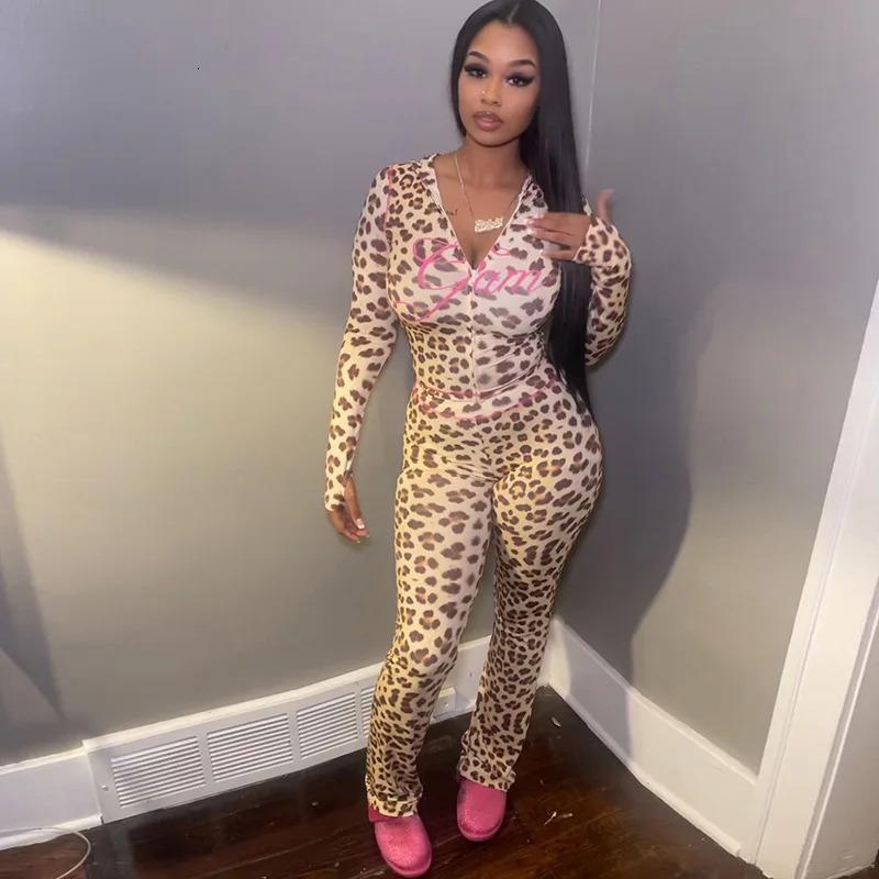 Gtpdpllt Women Clothing Two Piece Set Casual Y2k Cheetah Printed Hooded Cardigan Top And Flare Pants Matching Outfits 250226