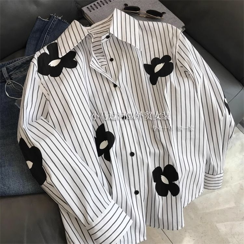 Spring Long Sleeve Loose Printing Patchwork Blouse Polo Neck All-match Youth Vintage Shirt Tops Fashion Casual Women Clothes 250226