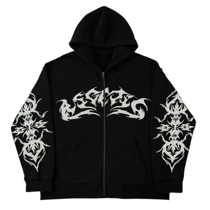 2000s Sweatshirts Couple Punk Rock Hoodies American Letter Printed Zipper Hoodie Cardigan Women Y2K Street Gothic 250226