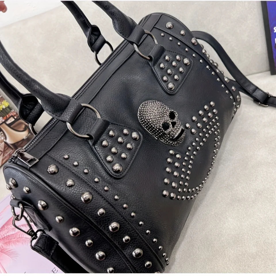 Ship from US Dark Enchantment Skull Tote Bag Steampunk Studs Boston Style Gothic Chic Top Handle Crossbody 250227FBB