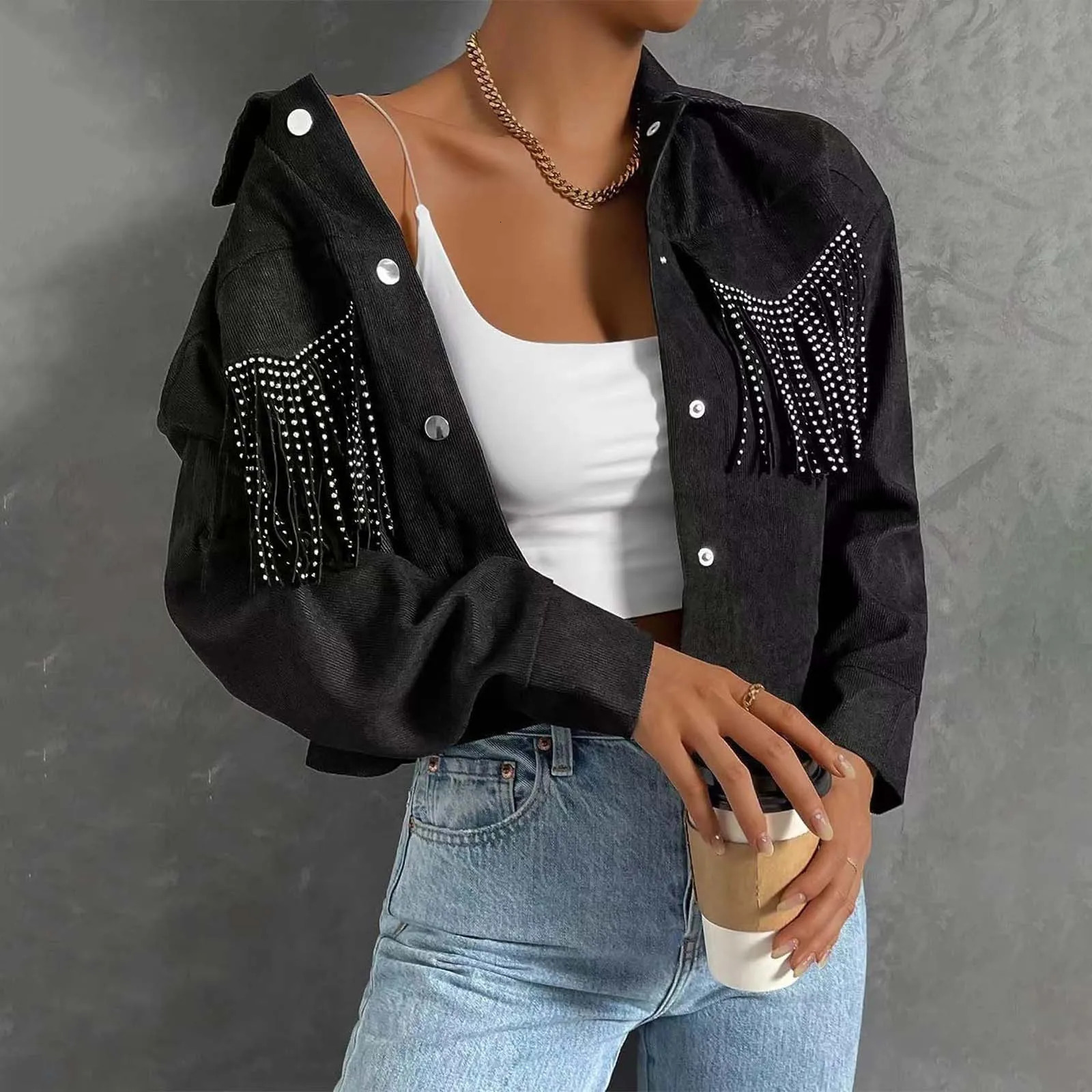 Womens Fringe Lapel Demin Short Jacket Tops Streetwear Plus Size Button Up Cropped Outwears Fall Loose Fit Shirts Trench Coats 250227