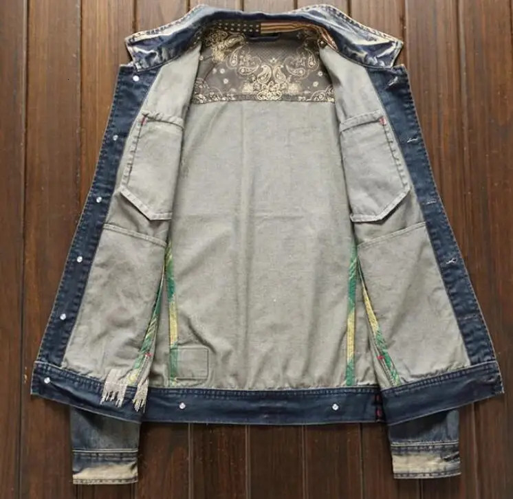 Riding Biker Denim Jacket Mens Retro Slim Cowboy Jacket Youth High Street Ripped Patch Denim Outerwear 250225