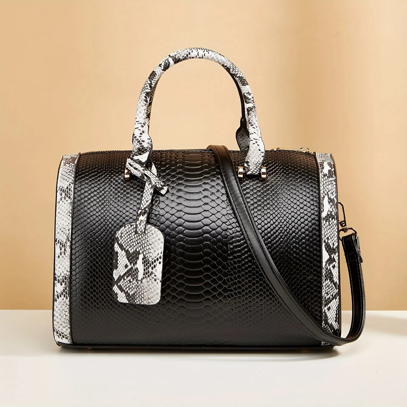 Ship from US Portable Boston Bag Snake Pattern Large Capacity Crossbody Solid Color Zipper Handbag 250227FBB