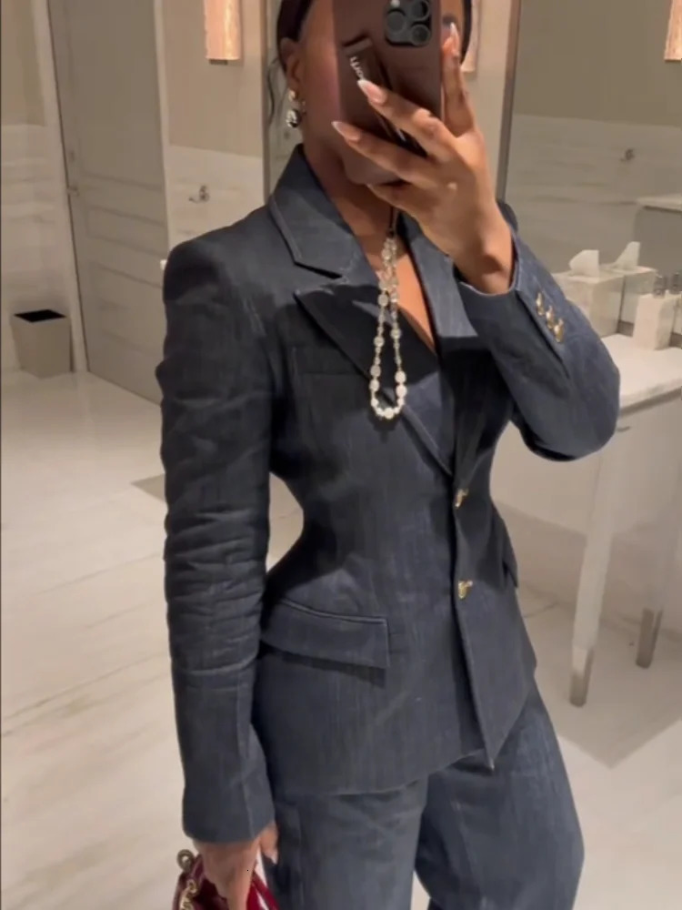 Fashion Denim Blazer Long Pants Sets For Women 2025 Spring Lapel Suit Jacket Chic V-neck Vest Wide Leg Pants 3 Pieces Suits 250226