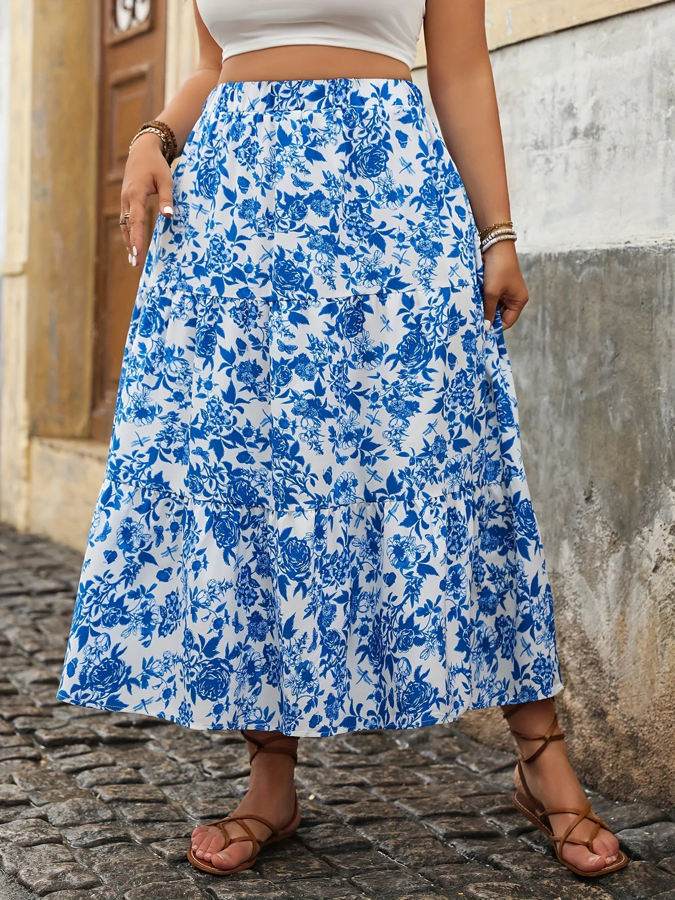 Plus Size Women Elegant Floral Print Skirt Casual Fashion Loose High Waist Long Vintage Midi A-line Skirts 250226