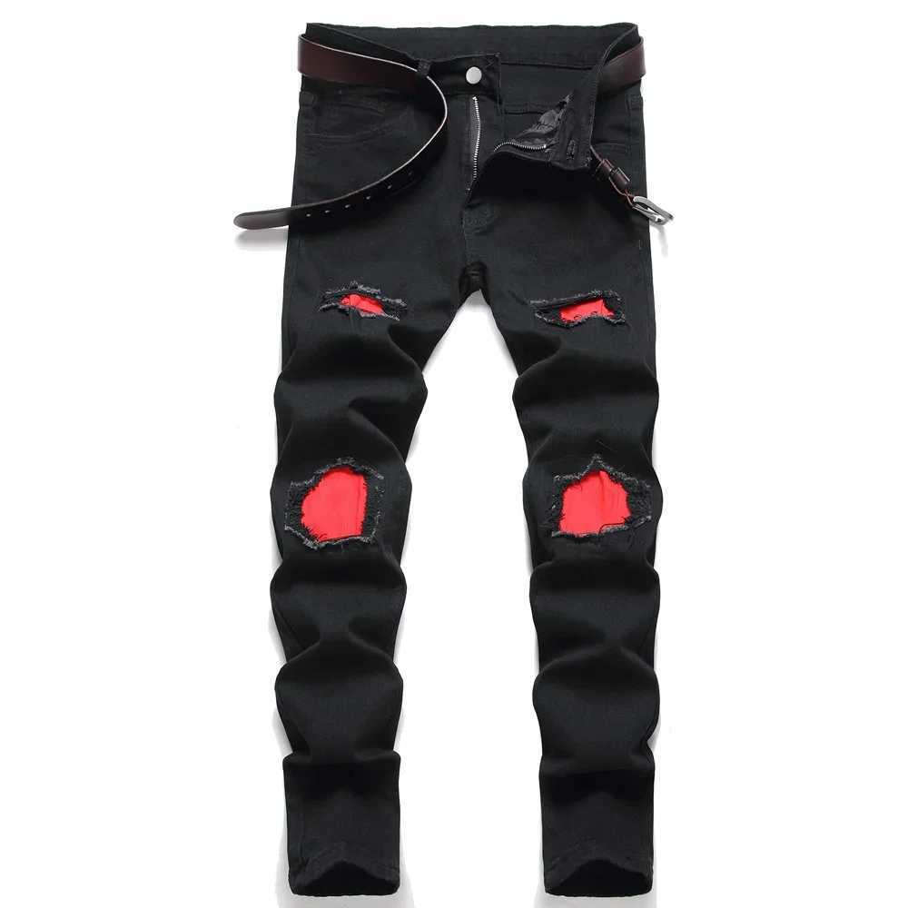 Mens Fashion Holes Patch Stretch Black Skinny Jeans Trouser Distressed Cotton Male Casual Jogging Denim Pants X250227