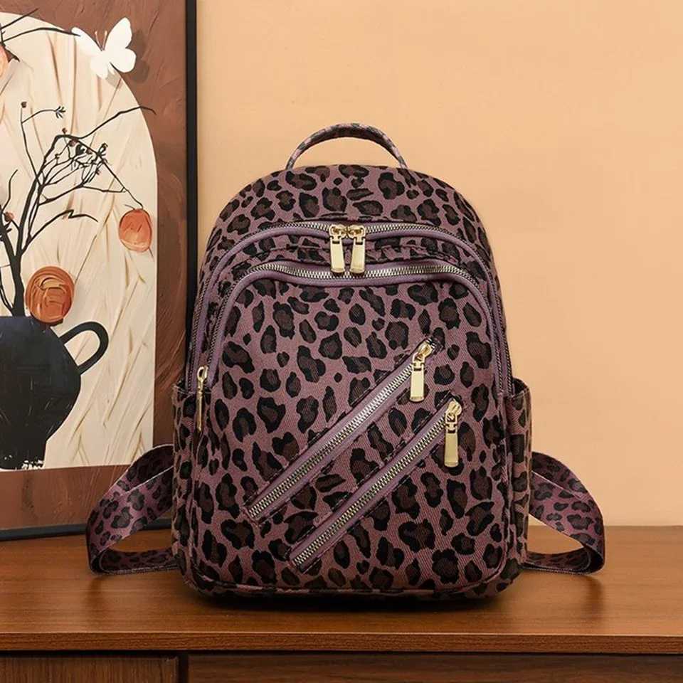 Diaper Bags Women New Leopard Print Zipper Design Lady Canvas Shoulders Backpack Bag Woman Satchel Totes Handle Travel Commute Packsack Bag Y250227ZYU