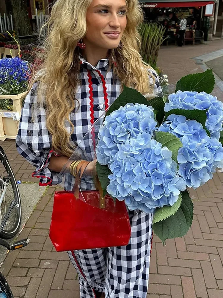 Casual Women Plaid 2 Piece Sets Fashion Lapel Single Breasted Half Sleeve Lace Pleated Pants Suits Spring Female Street Outfits 250226