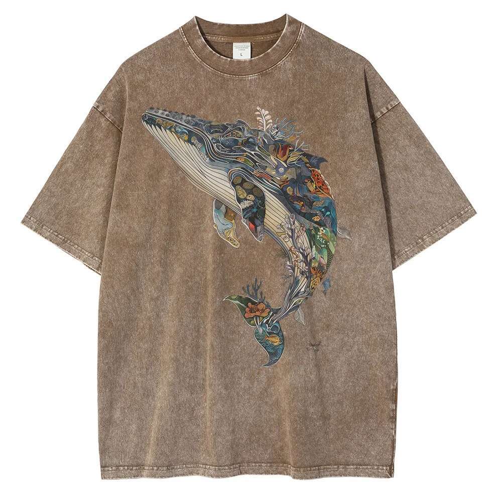 Men's Whale Printed Pattern T-shirt Casual High Street Printed Designer T-shirt Oversized T-shirt Outdated Washed Cotton Versatile Fashion Men�