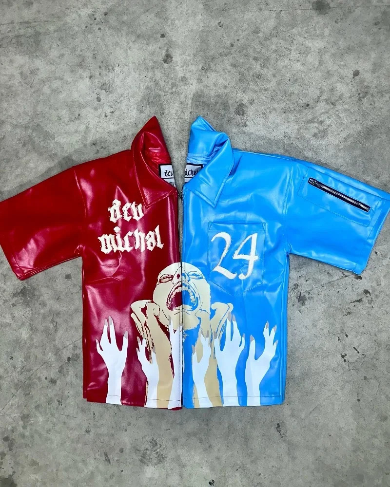 Y2K American Style Personalized y Pattern Zipper Tshirt Mens Street Vintage Harajuku HipHop Punk Flip Collar Top 250226