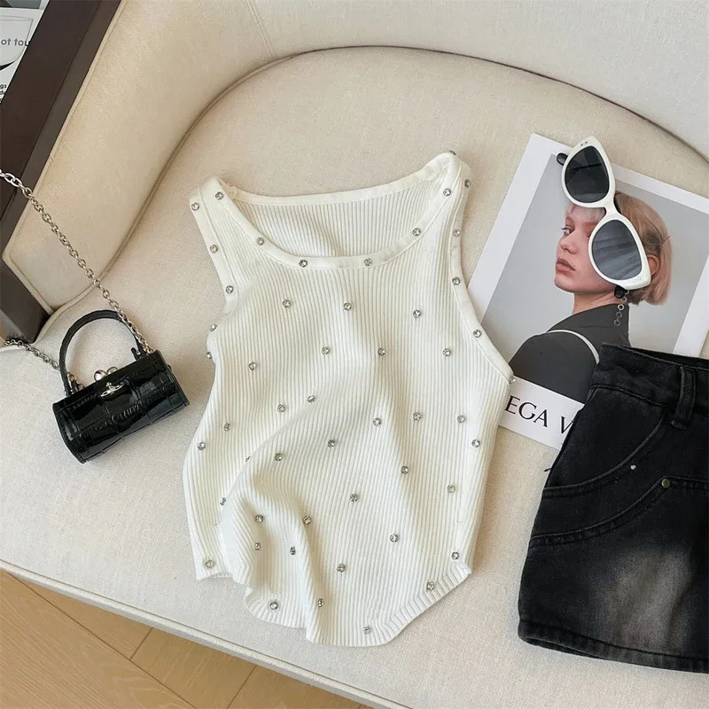 Rhinestone Knitted Tank Top White Crew Collar Sleeveless Summer Womens Wear Crop 250226