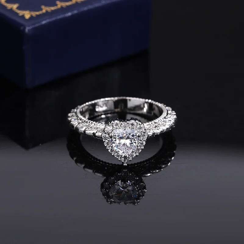 Heart Shaped Sier Plated 10mm AAAA Zircon Pair Ring Women Wedding Engagement Party Jewelry