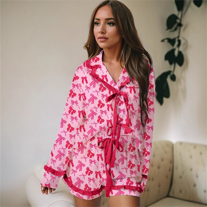 Women Tracksuits Two Pieces Set 2025 New Pleated Long Sleeved Thin Printed Valentines Day Pajamas Casual Set 5 Colors