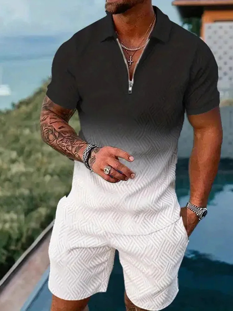 Fashion Mens Short Sleeve Shorts Two Piece Summer Zipper Polo Shirt T-Shirt Shorts Set Lapel Gradient Top Hawaii Travelwear 250224