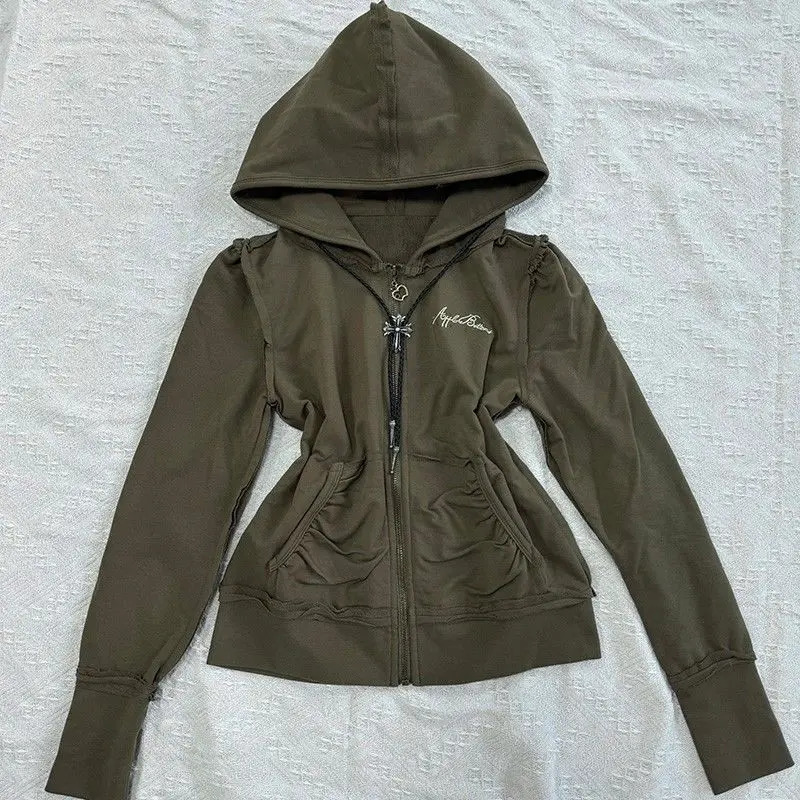 Y2k Goth Woman Clothing Hoodie Zipper Slim Print Punk Jacket Sweatshirt Vintage Hooded 2000s American Long Sleeve Tops Harajuku 250226