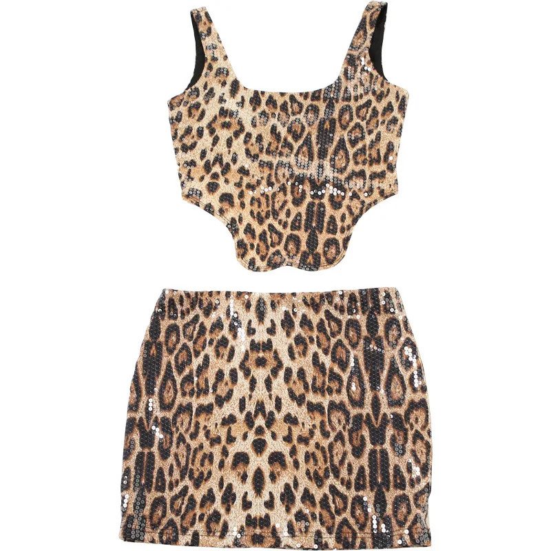 Leopard Print Sequins Two Piece Set Women Sexy U-neck Sleeveless Backless Irregular Tank Crop Tops Mini Skirts Party Clubwear 250227