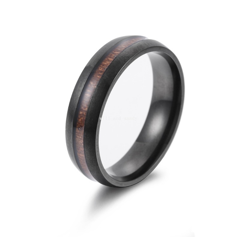 6MM Inlay Stainless Steel Wood Rings Band Tail Mens Engagement Wedding Ring for Men Gold Silver Black Hip Hop Jewelry