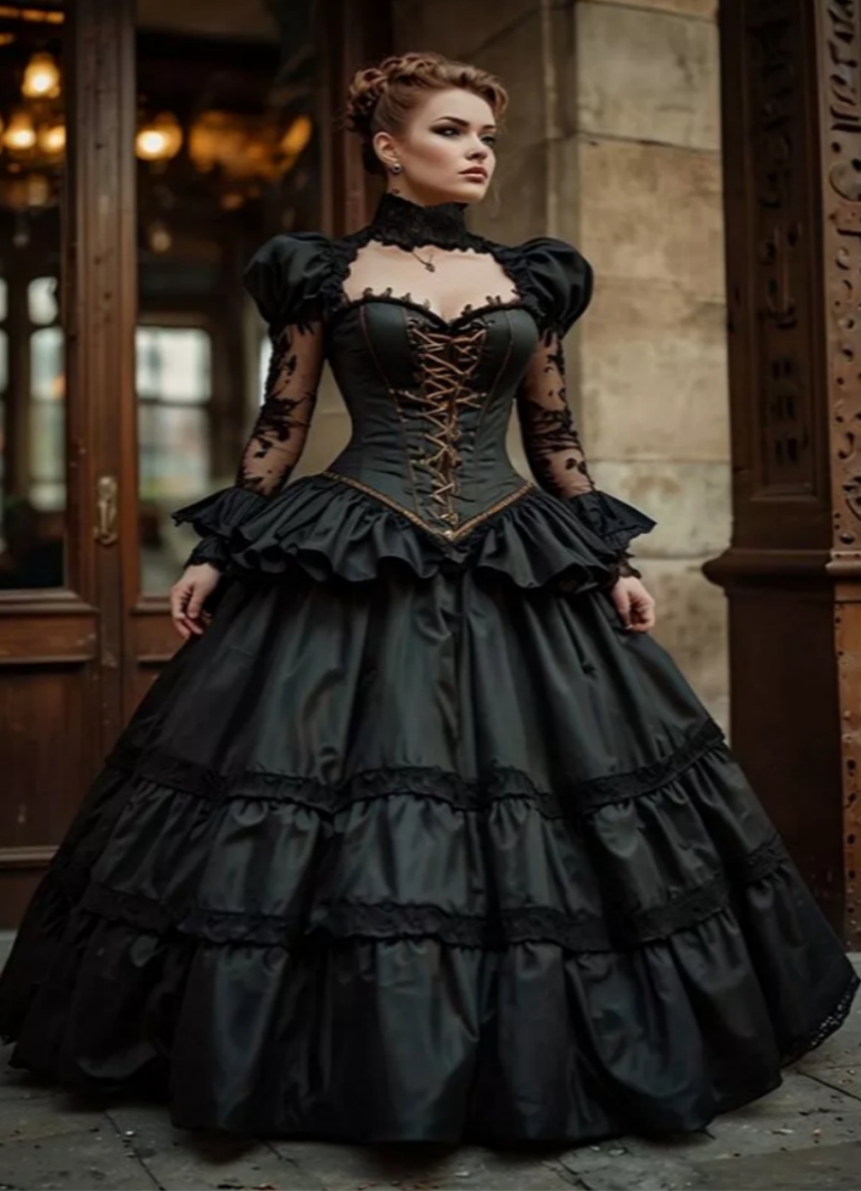Vintage Black Gothic Prom Dresses High Neck Illusion Long Sleeves A-Line Floor Length Evening Gown Corset Victorian Masquerade Dress For Women 2025