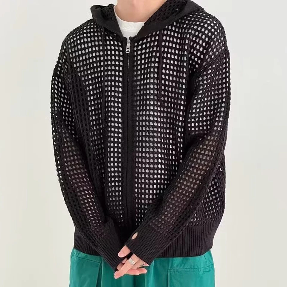 Mens Hollow Out Loose Jacket Hooded Hip Hop Cardigan Fashion Korean Streetwear Casual Zip Knitted Coat SpringSummer 250226