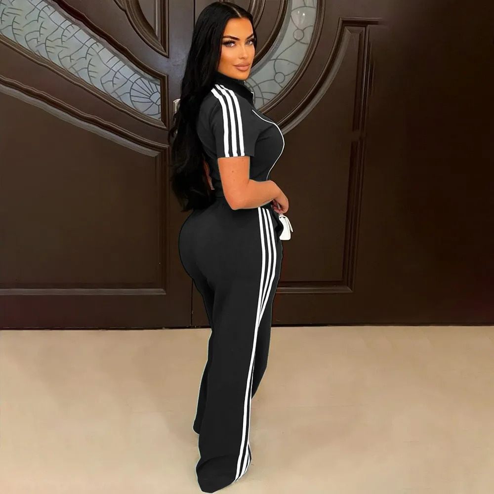 Fashion Casual Short Hoodie 2 Piece Women Summer Zipper Top Short Sleeved Sports T Shirt Stripe Splicing Long Pants Female Suit 250227