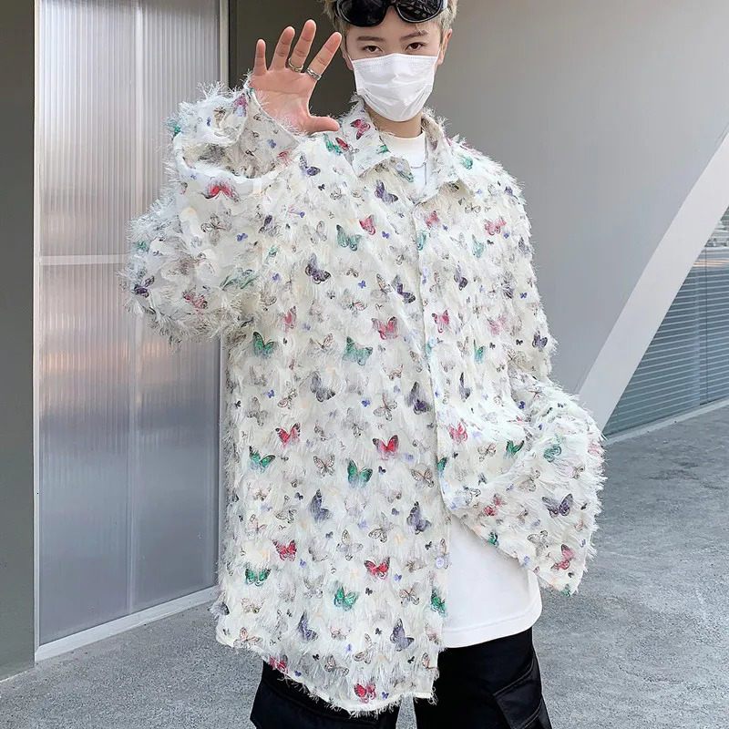 Summer Thin Shirt Three-dimensional Butterfly Decor Long Sleeve Shirt Tassel Casual Fashion Loose Male Sun-proof Clothing 250224