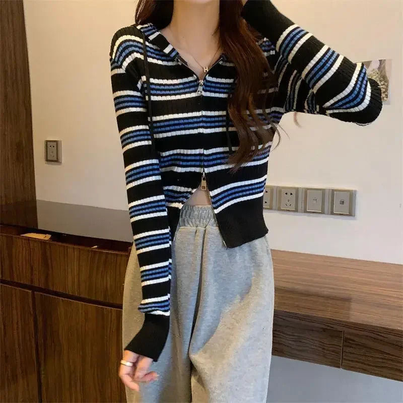 Petite Knitted Cardigan Womens Hooded Long Sleeve Cropped Striped Jacket Autumn 2024 Collection Double Zip Outerwear Sweater 250225