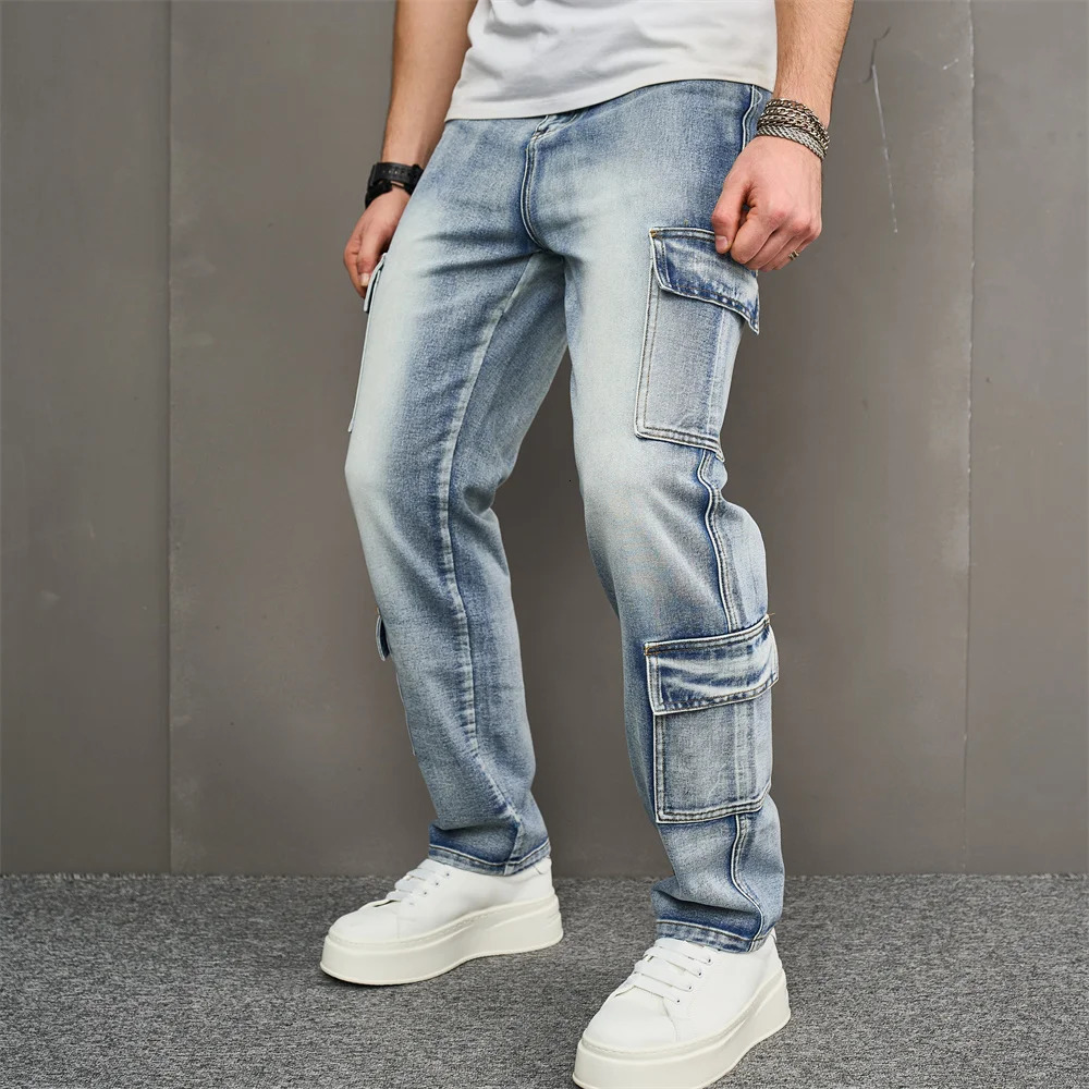 Fashionable retro multi pocket mens cargo jeans mens Trouser high-quality loose solid casual jeans 250226