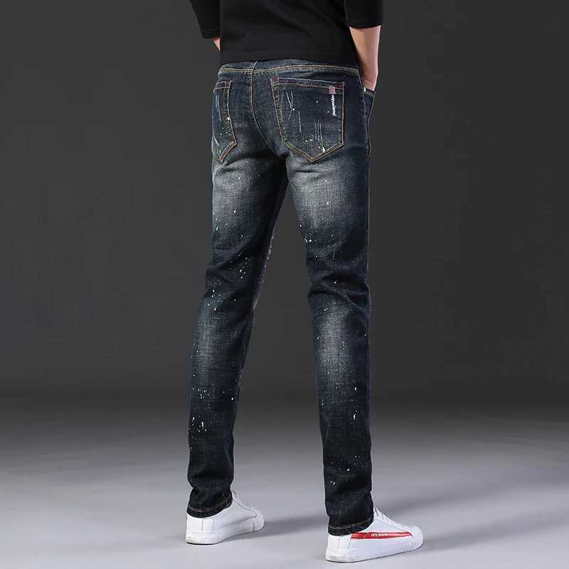 Elastic Brand Men Denim Jeans Hole Ruined High Street Fashion Patch Trendy Slim Fit Cool Daily New Arrival Hip Hop Pants X250227