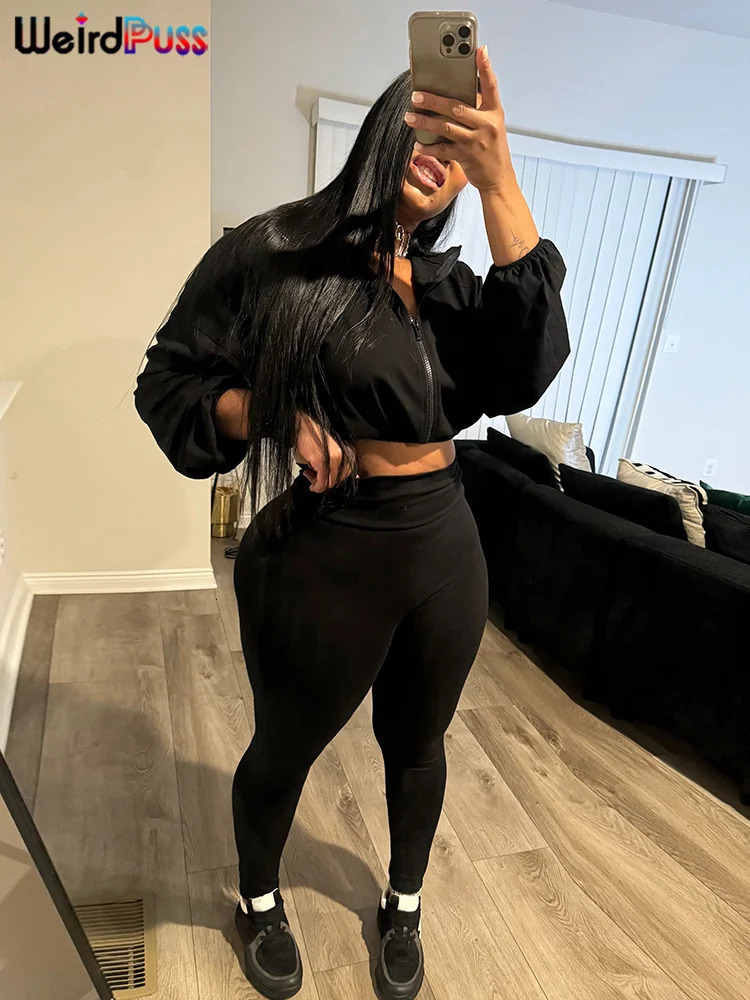 Weird Puss Autumn Women 2 Piece Set Casual Tracksuit Zipper Thin Drawstring JacketLeggings Matching Streetwear Sporty Suit 250226