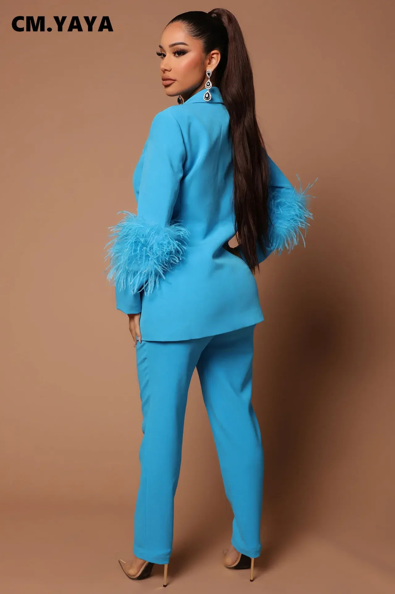 CM.YAYA Vintage Women Fur Hem Long Sleeve Blazer Suit and Pants Chic OL Fashion Two 2 Piece Set Outfits Basic Tracksuit 250226