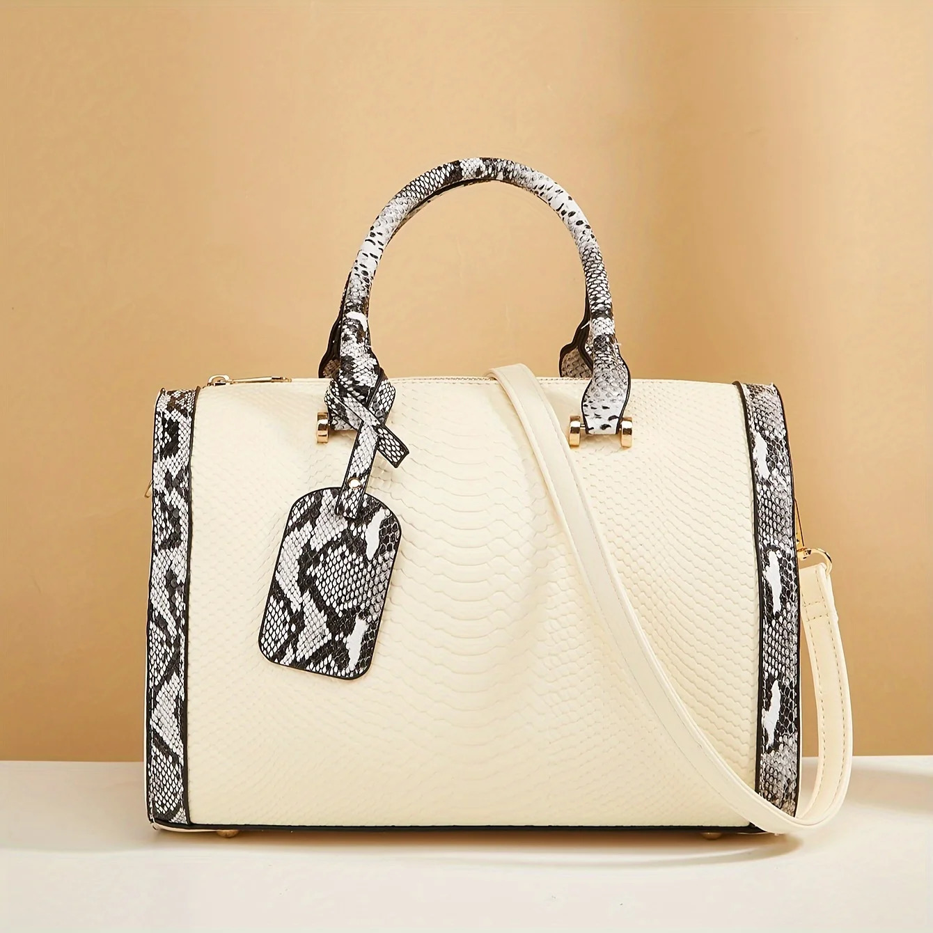 Ship from US Portable Boston Bag Snake Pattern Large Capacity Crossbody Solid Color Zipper Handbag 250227FBB