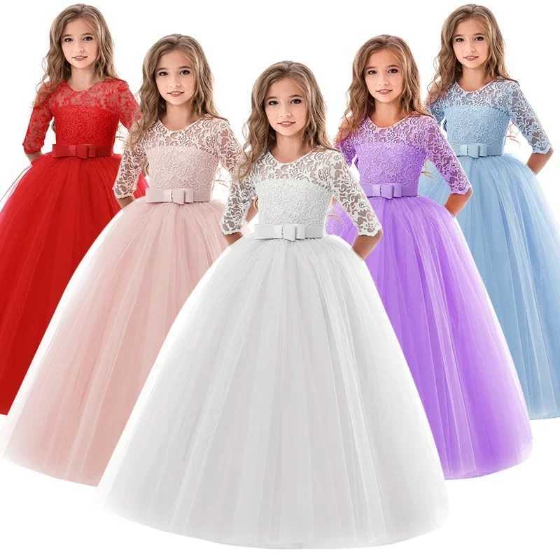 Girl's Dresses Elegant teenage girl lace long dress white bridesmaid girl party wedding dress girl princess Vestdos 6 10 12 years Y25022728AM