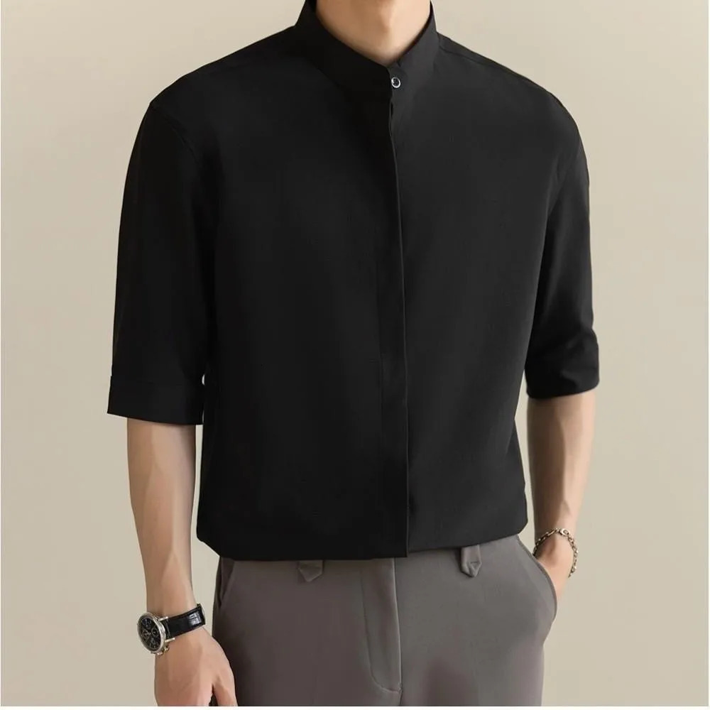 Mens stand up collar floral shirt with retro casual buttons and half sleeves mens solid color y clothing 250226