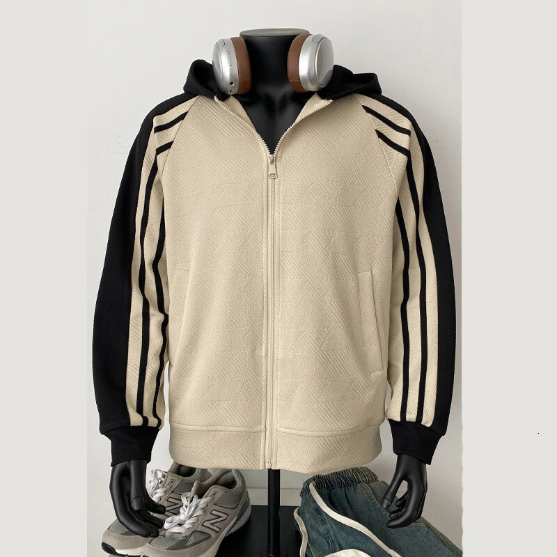 PFHQ Spring Cardigan Sweatshirt Contrast Color With Hat Long Sleeve Casual Male Tops Korea Fashion 21E1161 250226