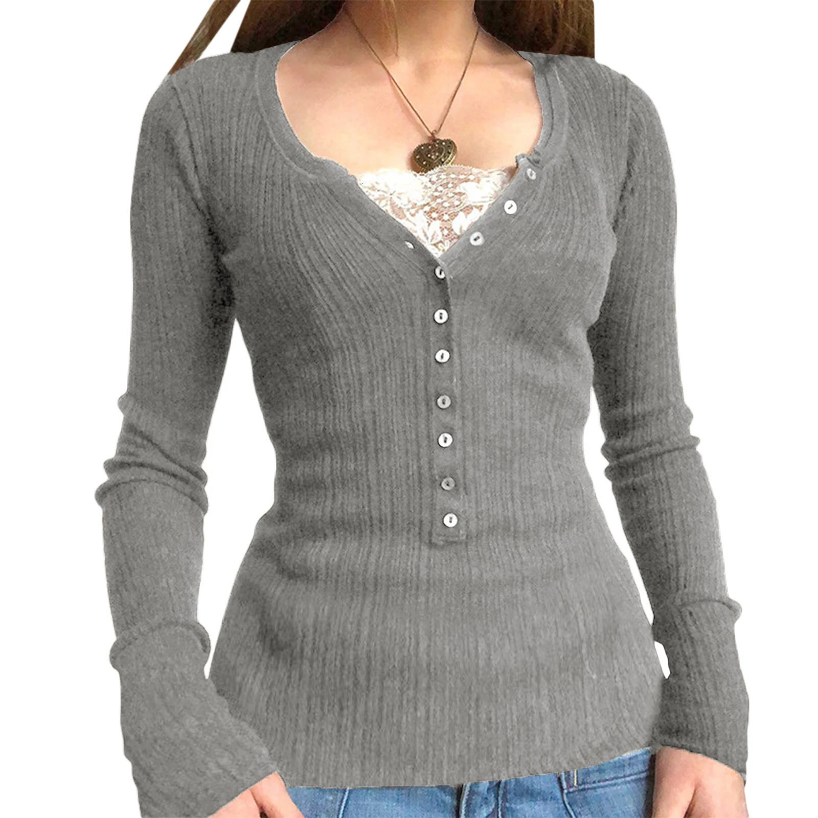 Y2k Fashion Vintage Fairy Grunge TShirts For Women Long Sleeve Lace Patchwork Collar Buttons Slim Pullovers Aesthetic Clothes 250226