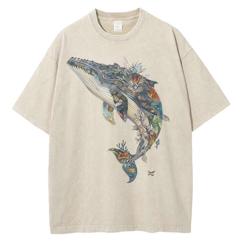 Men's Whale Printed Pattern T-shirt Casual High Street Printed Designer T-shirt Oversized T-shirt Outdated Washed Cotton Versatile Fashion Men�